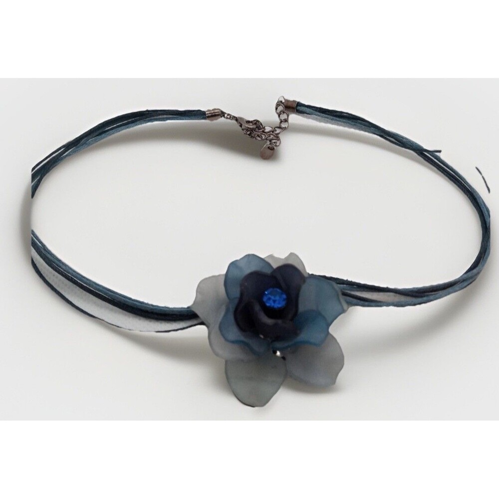 Blue Flower Pendant Necklace Blue Rhinestone on Blue and Black Cords Marked R